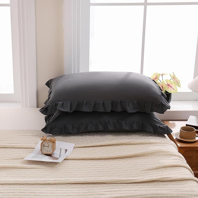 Merryword Dark Gray Pillow Shams Reversible Pillowcases Cute Pillow Cover Set of 2 Soft Shabby Chic Ruffled Pillowcases 2 Pack (Queen (20''x30''), Dark Gray)