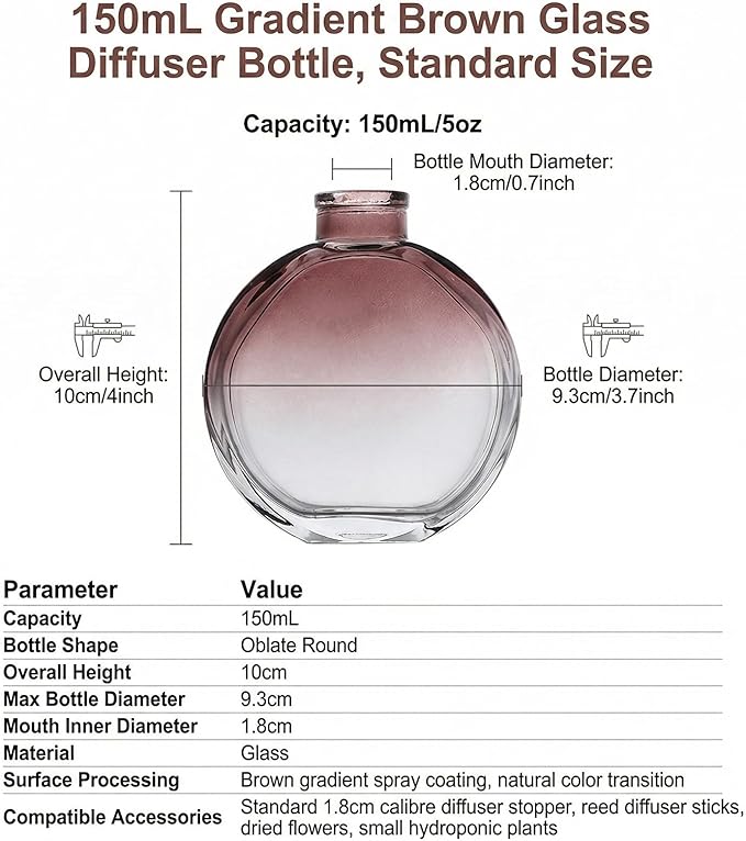 150ml/5oz Empty Glass Diffuser Bottle Diffuser Jars Aromatherapy Storage Container Fragrance Accessories Use for DIY Replacement Sticks Sets Oils Crafts Decor(Brown)