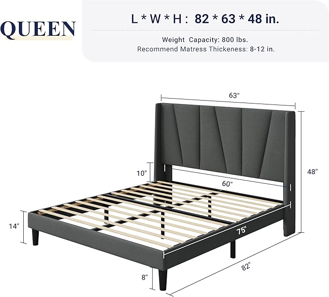 Allewie Queen Size Platform Bed Frame with Geometric Wingback Headboard, Boho Upholstered Bed with Wooden Slats Support, No Box Spring Needed, Easy Assembly, Dark Grey