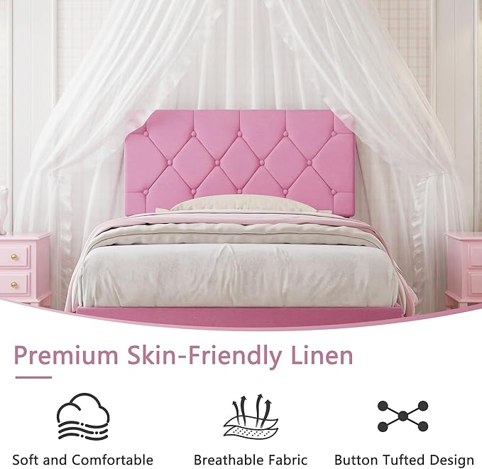 VECELO Twin Size Bed Frame with Button Tufted Headboard, Upholstered Platform Bedframe with Wood Slat Support, No Box Spring Needed, Linen Pink
