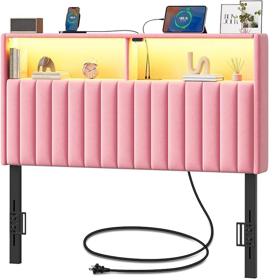 Rolanstar Headboard for Twin Size Bed with Storage, Head Board with USB & Type C Port, 60,000 DIY Color of LED Light, Velvet Upholstered, Height Adjustable, Sturdy, Easy Assembly, Pink