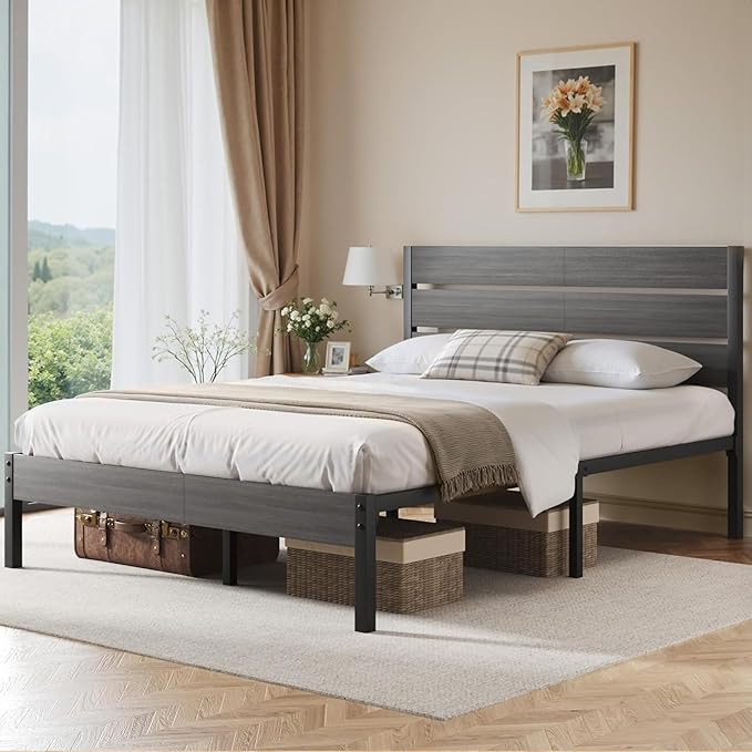 Fluest Queen Bed Frame with Headboard and Footboard, Metal Platform Bed Frame with Under Bed Storage, All-Metal Support System, No Box Spring Needed, Easy Assembly,Vintage Grey