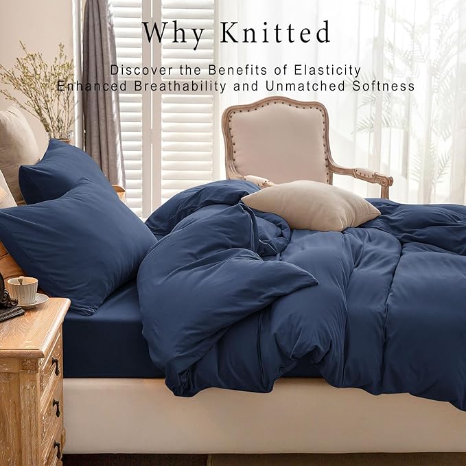 PURE ERA Jersey Knit Duvet Cover Set 100% T-Shirt Cotton Super Soft Comfy 3pc Bedding Set with Zipper Closure (Solid Navy Blue, Queen, 90"X90")