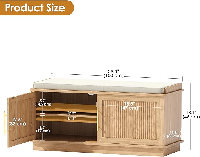 Akxomel Fluted Shoe Storage Bench with Cushion, 39.4" Entryway Bench with Adjustable Shelves and 2 Doors, Shoe Cabinet Bench with Curved Profile, for Hallway, Living Room, Bedroom, Natural Oak