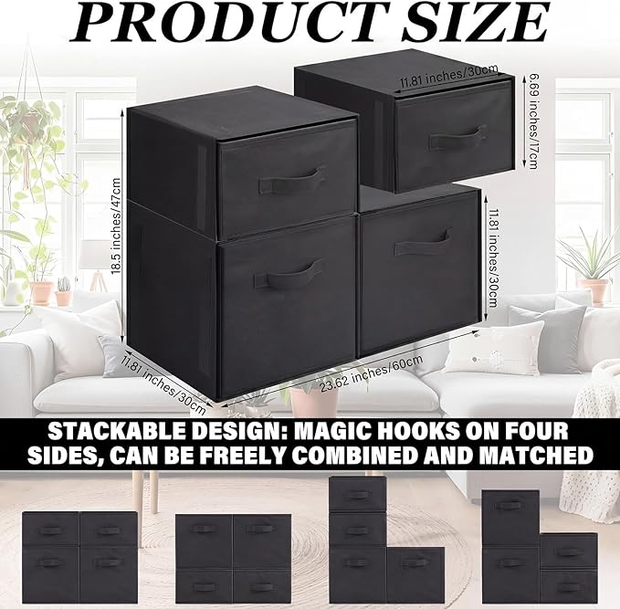 Weysat 4 Cube Stackable Under Dorm Bed Storage Container Foldable Closet Drawer Organizer Fabric Storage Cube Bins for Dorm Essentials College Closet Bedroom Living Room Nursery(Black,17.72 Inch)