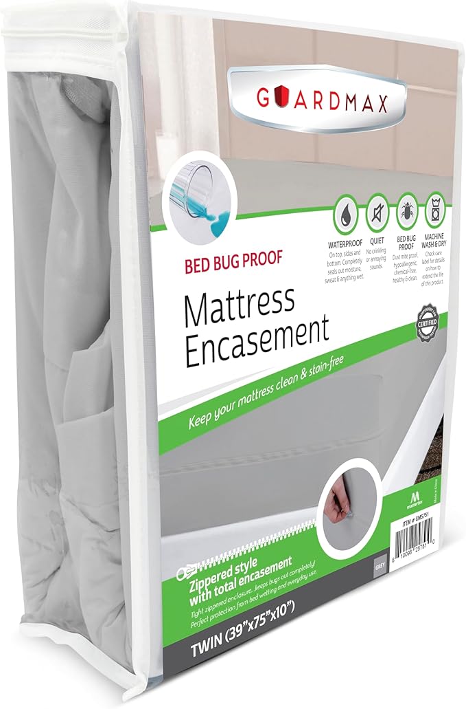 Guardmax Twin Mattress Encasement with Zipper, Waterproof, Bed Bug Proof, and Dust Mite Proof Mattress Protector for Twin Size Bed up to 10" Deep, Zippered All Around Jersey Knitted Mattress Cover