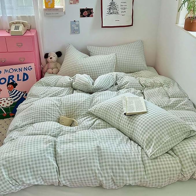 Nayoroom Green Gingham Duvet Cover Full Size Plaid Checkered Duvet Cover Girls Dorm Bedding Set 3 Pieces Soft Lightweight Washed Microfiber Farmhouse Bedding with Pillowcases