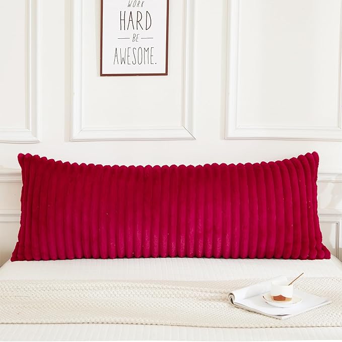 JAUXIO Faux Fur Fluffy Body Pillow Cover Luxury Textured Vertical Stripe Plush Decorative Body Pillowcase, Ultra Soft and Cozy Zipper Closure 21 x 54 Inches, Burgundy