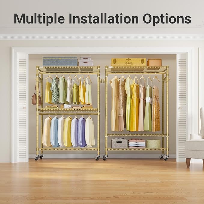 VIPEK R2 Plus Rolling Clothes Rack for Hanging Clothes Heavy Duty Garment Rack 3 Tiers Adjustable Wire Shelving Clothing Racks with Double Hanging Rods, Closet Organizers and Storage, Gold