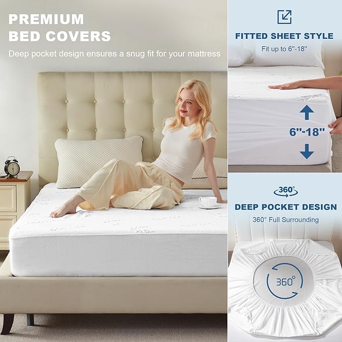 BEDLORE California King Size Waterproof Mattress Protector Viscose Derived from Bamboo, Soft Mattress Cover Fitted with Deep Pocket 6"-18", Breathable Noiseless Mattress Pad, Machine Washable(White)