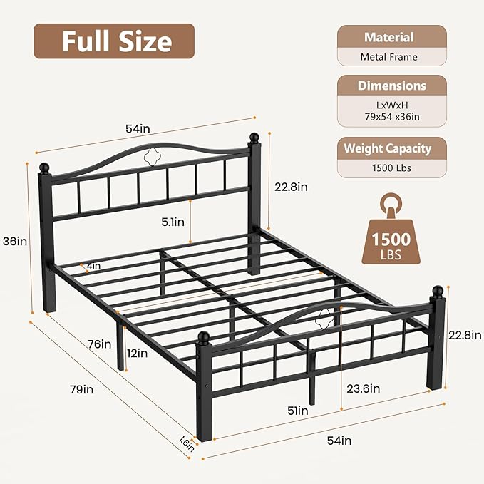 Metal Full Size Bed Frames with Headboard, 1500lb No Squeak Metal Platform with Headboard, 12" Underbed Storage, Tool-Free 30-Min Assembly No Box Spring Needed for Dorms/Apartments
