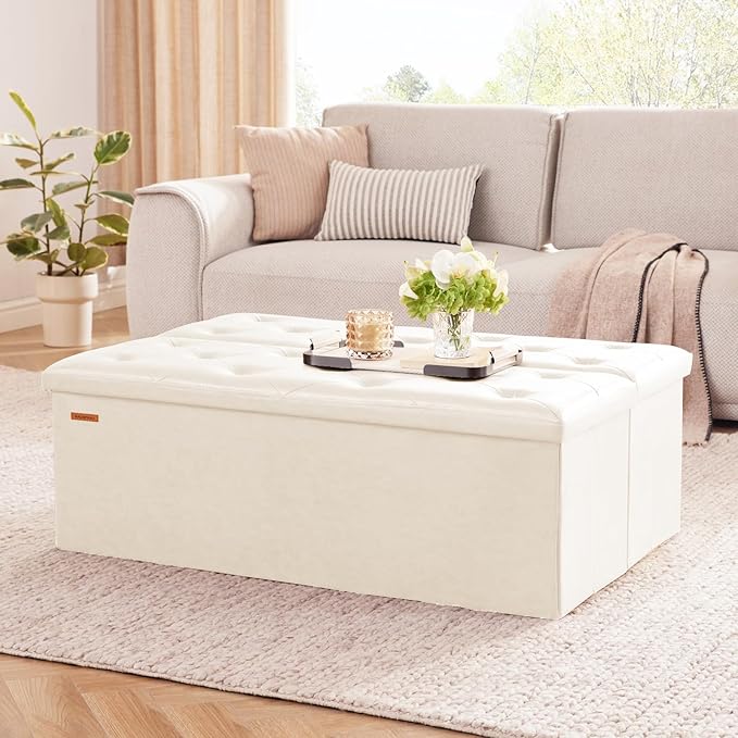 HAUSFRAU Storage Ottoman Bench with Flipping Lid, 43.3 Inches Storage Chest Footsrest, Folding Foot Stool for Entryway, Living Room, Bedroom, Synthetic Leather Ivory