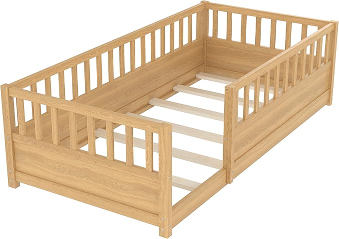 Bellemave Twin Floor Bed with high Fence, Solid Pine Wood Montessori Bed for Kids Girls Boys Floor Bed Frame,Natural with slats