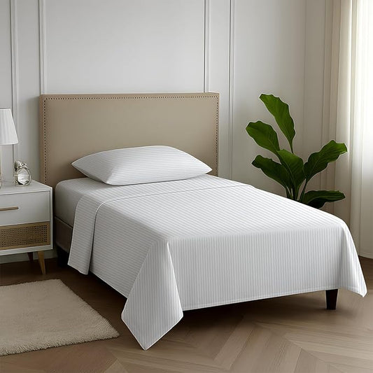 Carressa Linen Luxury Egyptian Cotton Twin Stripe Sheet Set - 600 Series Hydrangeas Collection Extra Long Staple 3 PC Set, Crisp White Twin Damask Sheets, Sateen Weave Sheets Upto 18 in Deep Pocket