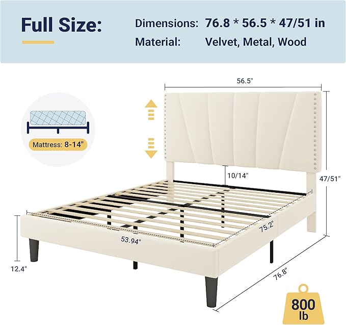 Allewie Full Size Bed Frame with Adjustable Velvet Upholstered Headboard, Rivet-Style Nailhead Trim Detail Platform Bed Frame, Wooden Slat Support, No Box Spring Needed, Easy Assembly, Cream