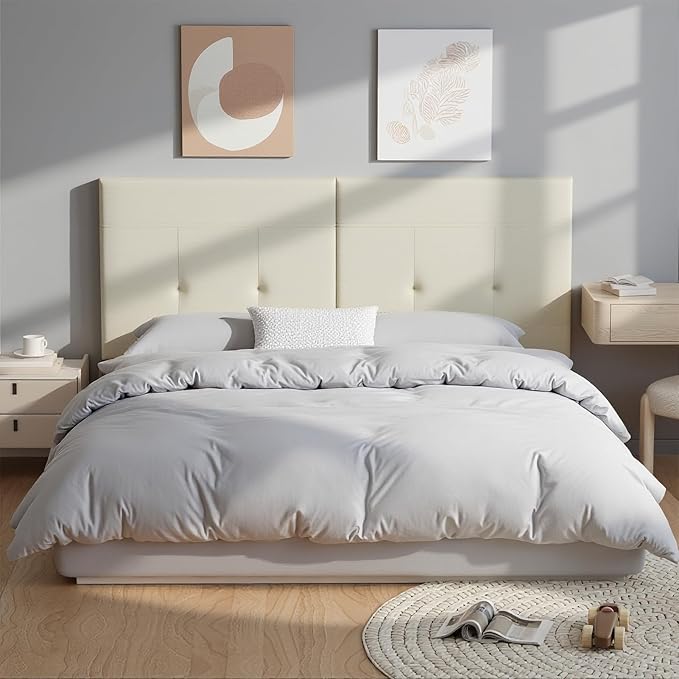 King Headboard Only with Adjustable Metal Legs, Faux Leather Upholstered Headboard King Size, Modern Stylish Headboard with Sunken Dot Design, Sturdy Bed Headboard for Bedroom, Ivory
