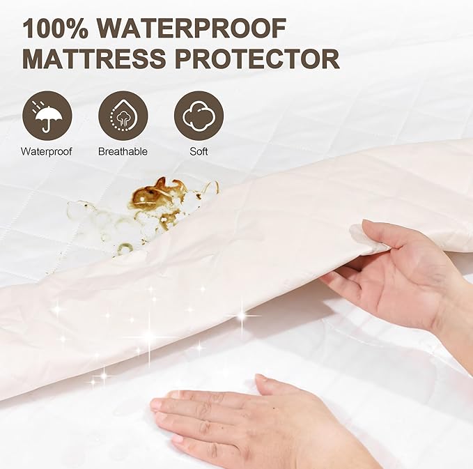 GUHER Waterproof Mattress Protector Queen Size,Breathable Bed Cover 3D Air Fabric Mattress Pad Cover,Noiseless＆Ultra-Soft Washable Bed Cover with 6"-14" Deep Pocket (White)