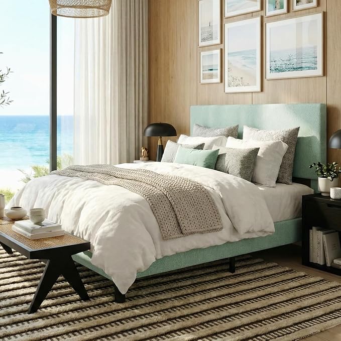 SHA CERLIN Full Size Platform Bed Frame with Adjustable Headboard and Wooden Slats Support, Boucle Upholstered Mattress Foundation, No Box Spring Needed, Easy Assembly, Ice Blue