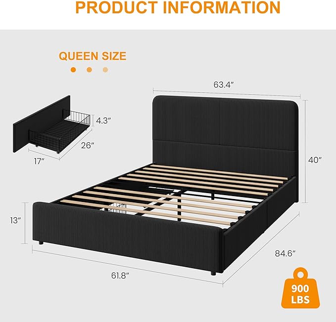 GarveeHome Modern Upholstered Platform Bed Frame with Headboard and Storage Drawers – Strong Wood Slat Support, No Box Spring Needed, Low Profile, Easy Assembly – Corduroy Black
