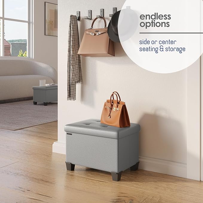 Storage Ottoman Cube with Small Bin, 16-in Square Ottoman with Storage for Living Room and Bedroom, Small Ottomans Foot Rest, Leather Foot Stools Ottomans Max 330lbs, Light Grey