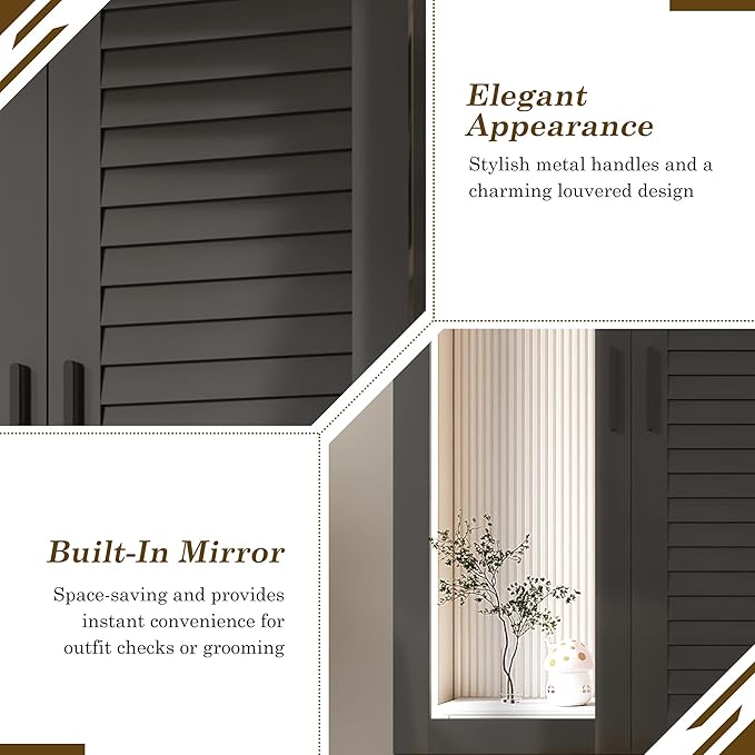 jiteentarou 2 Door Armoire Wardrobe Closet Cabinet with Drawers and LED Lights, Multi-Tier Shelves, Hanging Rod & 2 Louver Doors, Large Capacity Storage Wardrobe Armoire for Bedroom(2 Doors Black)