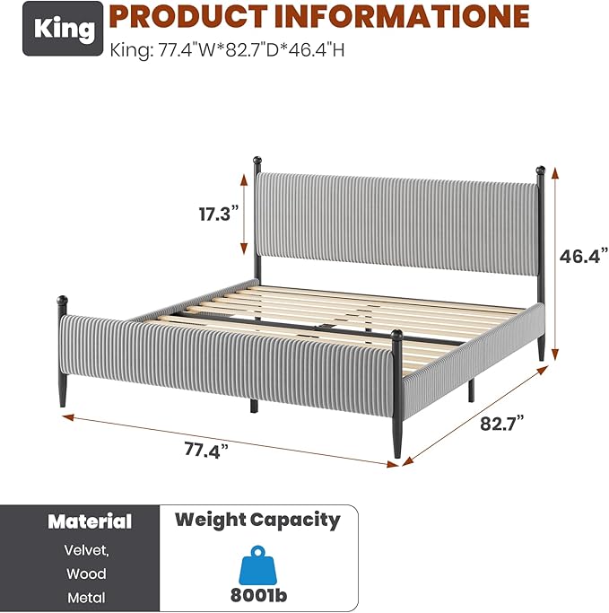Garvee King Size Upholstered Bed Frame - with Velvet Headboard, Soft Corduroy Fabric Platform with Wooden Slats Support & Heavy Duty Feet, No Box Spring Needed, Noise Free, Easy Assembly, Grey
