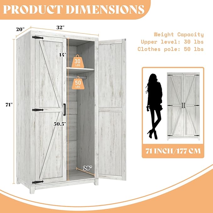 AMERLIFE Set of 2 Farmhouse Armoire Wardrobe Closet with 2 Barn Doors, 70'' Storage Cabinet with Shelf & Hanging Rod, Versatile Clothing Storage for Bedroom, White