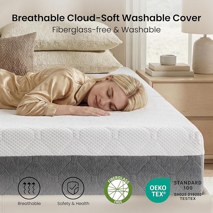 Firm Queen Mattress 10 Inch: Memory Foam Mattress for Back Pain Relief, Cooling Green Tea Gel Motion Isolation, Washable Fiberglass Free Cover, CertiPUR-US Oeko-Tex Certified, Made in USA, 80x60x10