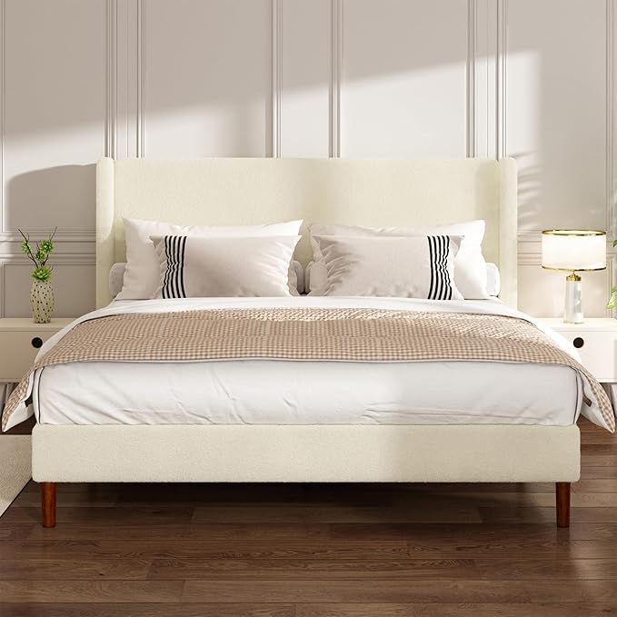 King Boucle Bed Frame, Platform Bed with Upholstered Wingback Headboard, Strong Wooden Slats Support, Noise-Free, No Box Spring Needed, Easy Assembly, Beige