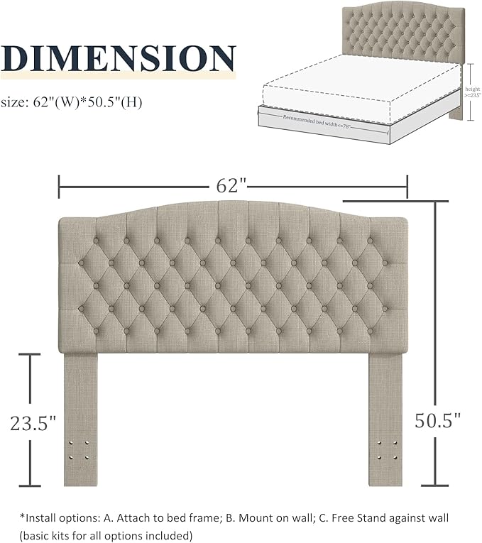Befurtori Queen Headboard Only, Upholstered Headboard for Adjustable Bed Linen Tufted Queen/Full Size Wall Mounted Head Board Easy Assembly Comfort and Style, Linen