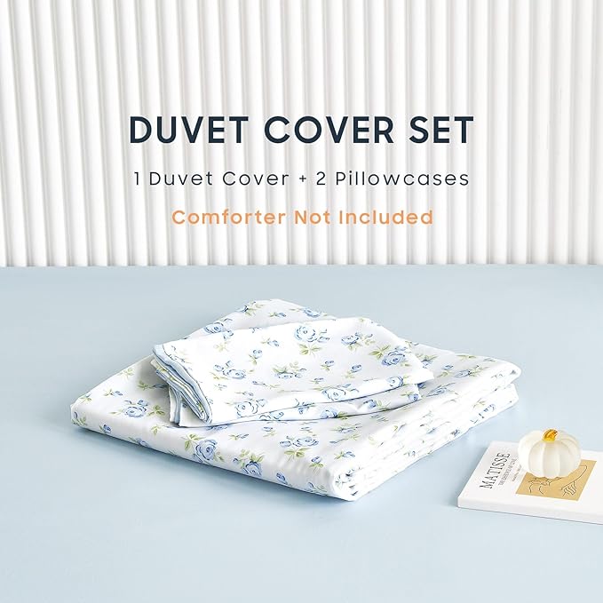 Wake In Cloud - Coquette Duvet Cover Set, Floral Cottagecore Flower Shabby Chic Cute Aesthetic, Soft Lightweight Bedding for Women Teen Girls, 3-Piece, White Blue, Full Size