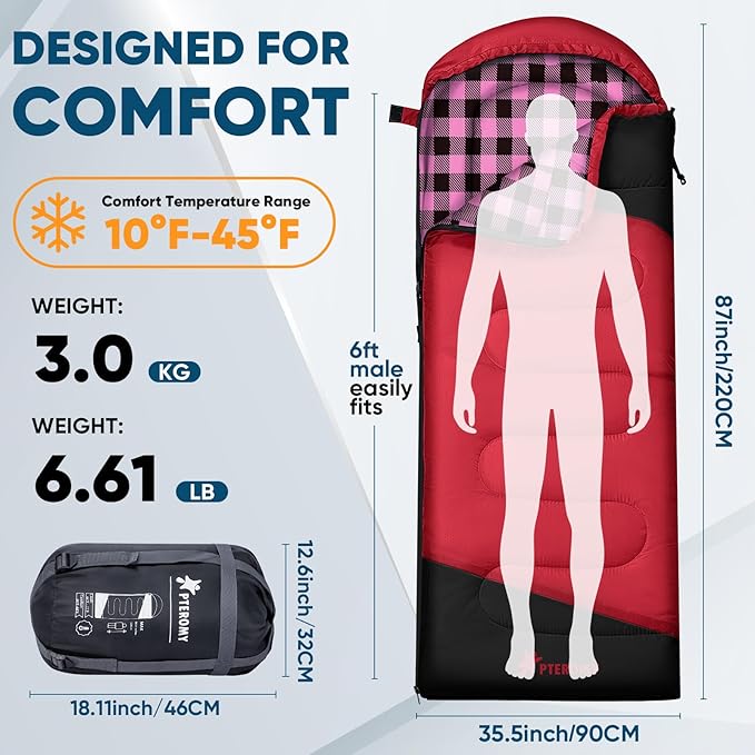PTEROMY Sleeping Bags for Adults, Lightweight and Machine Washable, Water Resistant Backpacking Camping Sleeping Bag for Warm Cold Weather, Camping Essentials for Hiking Travel