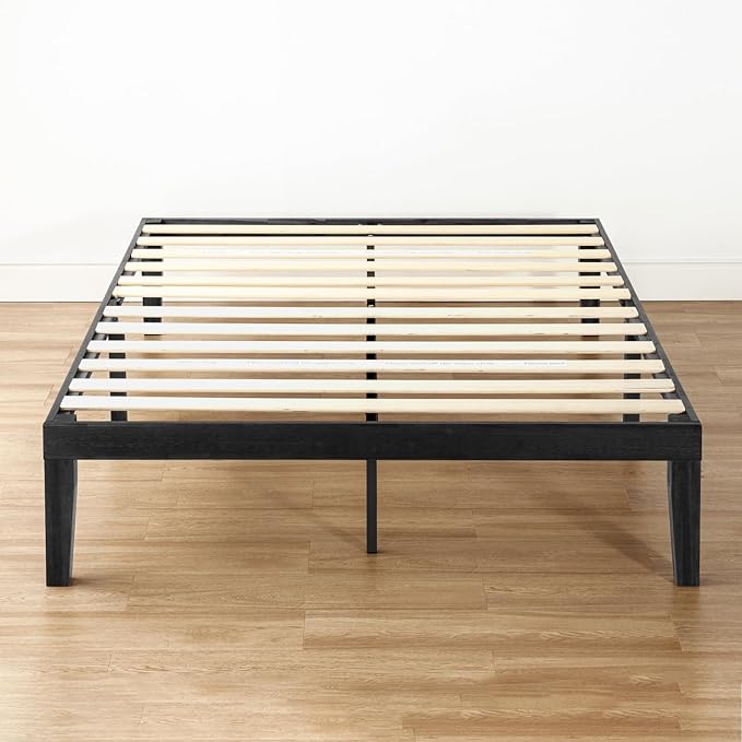 Mellow Naturalista Classic 16 Inch Solid Wood Platform Bed with Wooden Slats, Black, Queen