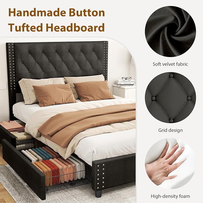 EVLIQUIL Bed Frame Queen Size with 4 Storage Drawers, Upholstered Headboard & Frame, Sturdy Metal Frame & Wood Slats, Platform Bed Frame No Box Spring Needed, Easy Assembly, Black