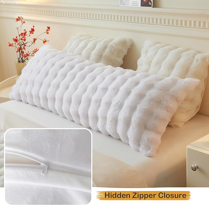 LIFEREVO Fluffy Faux Rabbit Fur Body Pillow Cover, Luxury Bubble Waffle Shaggy Plush Bed Body Pillowcase with Zipper Closure, Long 20"x54" Fuzzy Furry Pillow Case for Adults Kids Girls Teens, White
