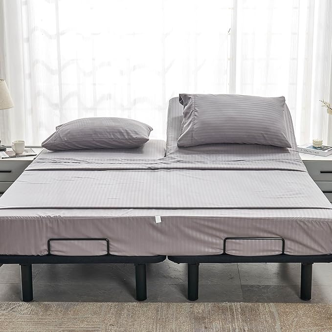 Kingnex Striped Split Top California King Sheets Sets for Adjustable Bed 4 Pieces Include 1 Flex Head Fitted Cal King Sheet 1 Flat Sheet 2 King Size Pillowcases Grey