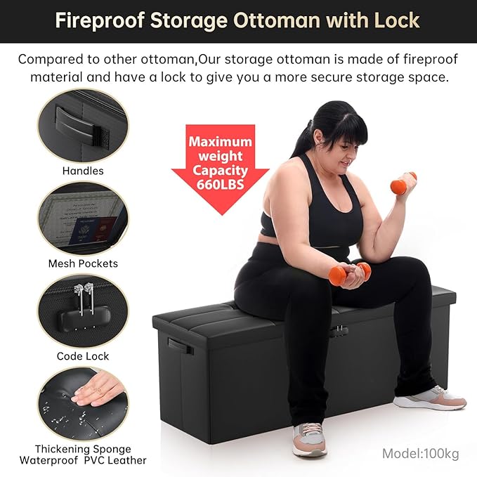DocSafe Storage Ottoman Bench,Fireproof＆Waterproof Folding Bench with Lock(15”x 43”x15”),Leather Storage Chest with Handles＆2 Extra Boxes,Ottoman Safe for Bedroom,Living Room,Home Office,Black