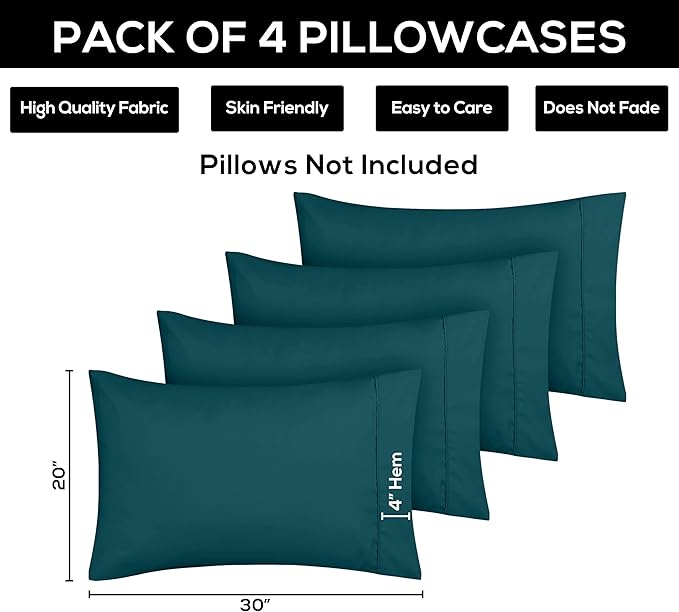 Utopia Bedding Queen Pillow Cases - 4 Pack - Envelope Closure - Soft Brushed Microfiber Fabric - Shrinkage and Fade Resistant Pillow Covers Queen Size 20 X 30 Inches (Queen, Teal)