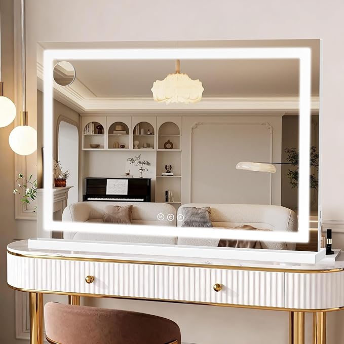 Vanity Mirror with Lights 32"x22", LED Makeup Mirror, 3 Color Lighting Modes, 10X Magnification, Smart Touch Control, Dimmable, Aluminum Metal Frame, Lighted Up for Vanity Desk (White)
