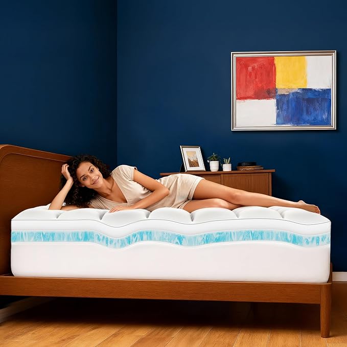 King Size Dual Layer 4 Inch Memory Foam Mattress Topper, 2 Inch Cooling Gel Infused Memory Foam and 2 Inch Airflow Down Alternative Pillow Top, 8-24 Inch Deep Pocket Bed Topper