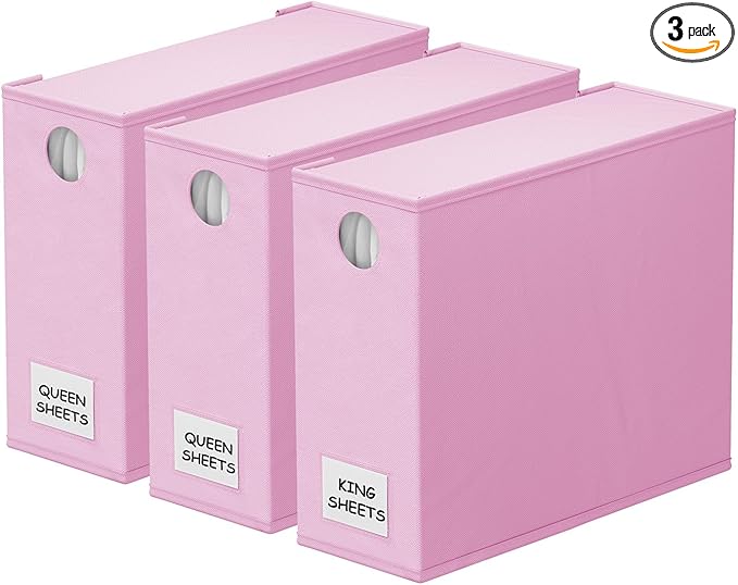 SpaceAid 3 Pack Bed Sheet Organizers and Storage, Foldable Sheet Organizer for Linen Closet, Set Folder Keeper with Window XL (Queen & King Size) Bedding Container (Pink, 3 Pack)