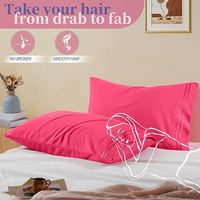 Vonty 2 Pack King Pillow Cases - 20x40 Inch, 1800 Thread Count Microfiber Pillowcases King Size Hot Pink Pillow Cases Luxury & Soft Embroidered Bed Pillow Covers with Envelope Closure