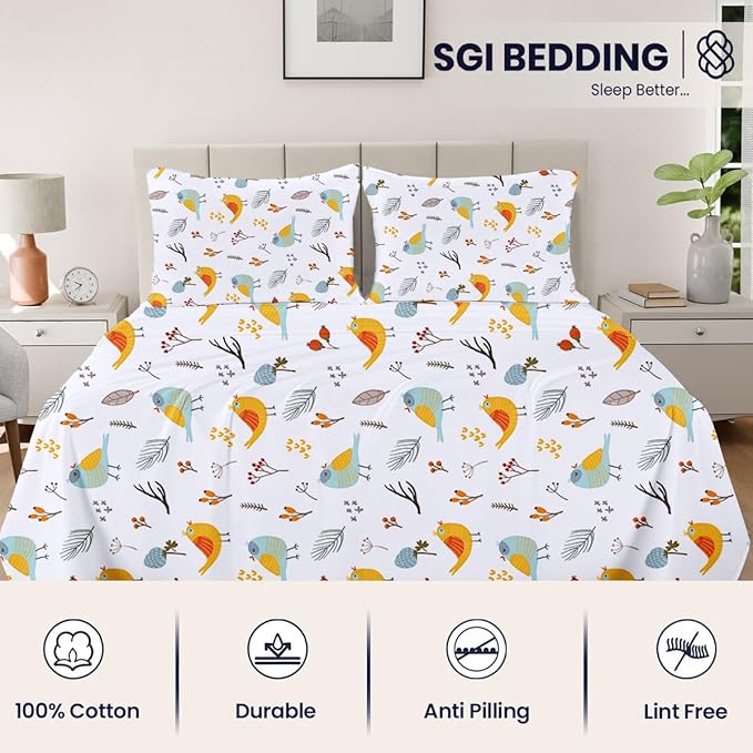 SGI bedding 100% Egyptian Cotton Sheets Twin XL Size – 600 Thread Count Sheets Set, Soft, Cooling, 15" Deep Pocket, Luxury Hotel Bedding, Breathable, Durable -Spring Bird
