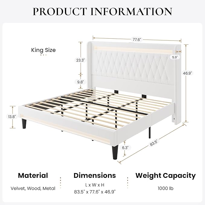 SHA CERLIN King Size LED Bed Frame with Charging Station, Velvet Upholstered Platform Bed with High Wingback Headboard, No Box Spring Needed, Easy Assembly, White