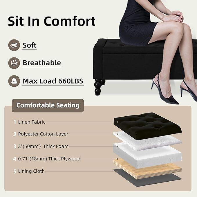 50" W Storage Ottoman Bench with Safety Hinge, Load up to 660 lb Ottoman with Storage, Upholstered Tufted Entryway Bench with Seating for Living Room, Bedroom, Entryway, Black