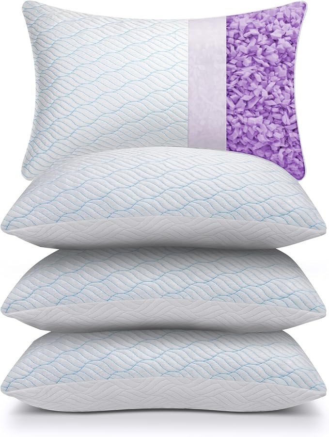 WISHSMILE Cooling King Size Pillows Set of 4, Shredded Memory Foam Pillows with Zipper, Adjustable Firmness for Sleeping Cool Cold Pillow for Hot, Side Sleepers,20x36,4 Pack