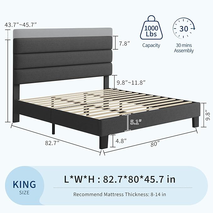 Garvee Upholstered Bed Frame with Fabric Headboard, Platform Bed with Engineered Wood Slats and Iron Frame, No Box Spring Needed, Heavy Duty Support, Grey