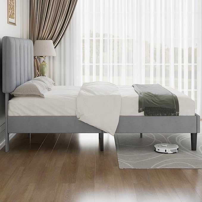 VECELO Queen Size Bed Frame with Upholstered Headboard, Heavy-Duty Bedframe with Strong Wooden Slats Support, No Boxing Spring Needed, Light Grey