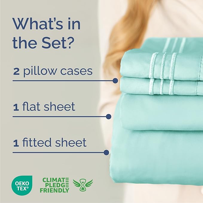 Cal King Size 4 Piece Sheet Set - Comfy Breathable & Cooling Sheets - Hotel Luxury Bed Sheets for Women & Men - Deep Pockets, Easy-Fit, Soft and Wrinkle Free Sheets - Spa Blue Oeko-Tex Bed Sheet Set