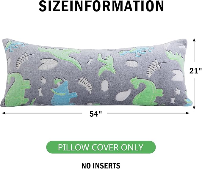 HOMBYS Glow in The Dark Body Pillow Cover, Soft Velvet Fluffy Bed Pillow Case, Fuzzy Long Pillowcase for Kids Boys Childern, Plush Decorative Throw Pillow Cover, 21x54 Inches, Green Grey